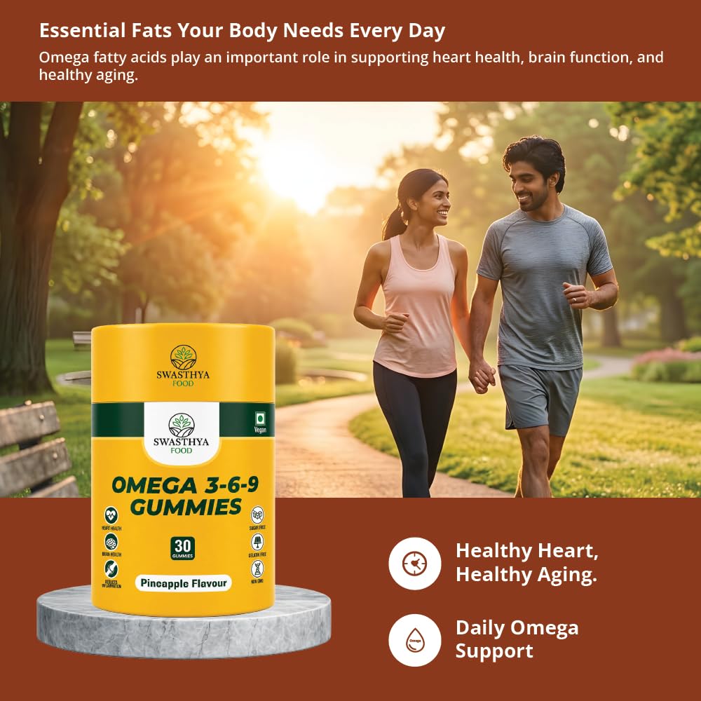 SWASTHYA AATA Omega 3-6-9 Gummies Sugar Free Vegan & Gelatin Free Chewable Flaxseed Oil Supplement For Adults Plant Based Vitality Heart & Brain Daily Nutrition Support Pineapple Flavour