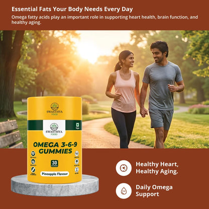 SWASTHYA AATA Omega 3-6-9 Gummies Sugar Free Vegan & Gelatin Free Chewable Flaxseed Oil Supplement For Adults Plant Based Vitality Heart & Brain Daily Nutrition Support Pineapple Flavour