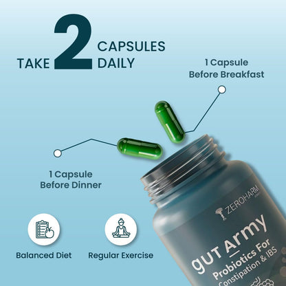 ZEROHARM Gut Army Probiotics for Constipation & IBS | 100 Billion CFU, 11 Strains | Psyllium Husk (Isabgol) & Peppermint | Gas & Bloating Relief, Digestive Comfort, Bowel Regularity | Men & Women | 60 Capsules