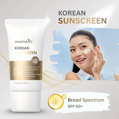 Smartdrops Korean Sunscreen SPF 50 Broad Spectrum UV Protection Lightweight Face & Body Suncream Non Greasy Daily Use For All Skin Types- 60ml (Pack 1)