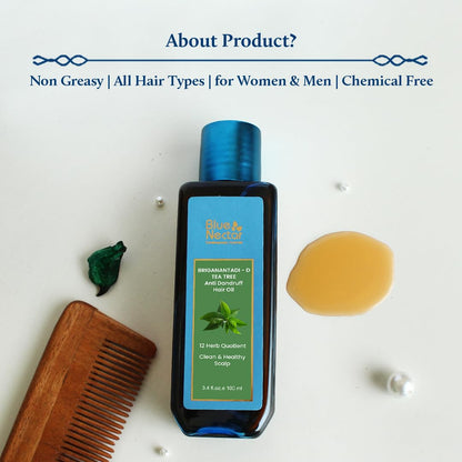 Blue Nectar Anti Dandruff Hair Oil | Ayurvedic Hair Oil with Neem, Tea Tree & Bhringraj for Hair Growth & Dandruff | Non-Sticky Hair Oil for Dry Scalp (12 Herbs, 100ml)