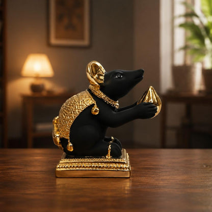 Gold Art India Gold-Plated Mushak (Mooshak) Mouse with Modak | Black Terracotta Finish | Mouse Idol | Vehicle (Vahana) of Lord Ganesha | 2.5 Inch Height | Home Decor, Mandir Pooja Room, Office Desk