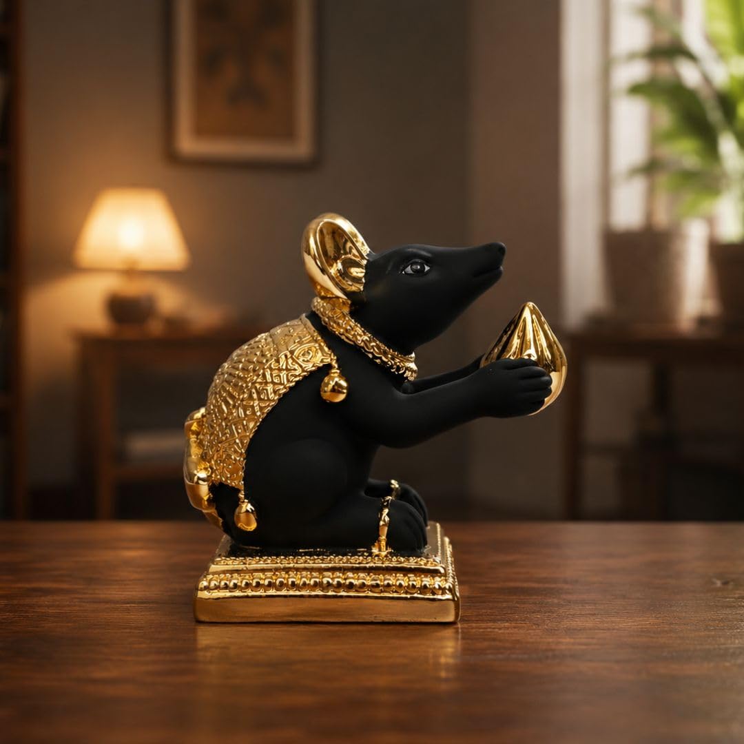Gold Art India Gold-Plated Mushak (Mooshak) Mouse Pair with Modak | Black Terracotta Finish | Mouse Idol | Vehicle (Vahana) of Lord Ganesha | 2.5 Inch Height | Mandir (Set of 2 pcs)