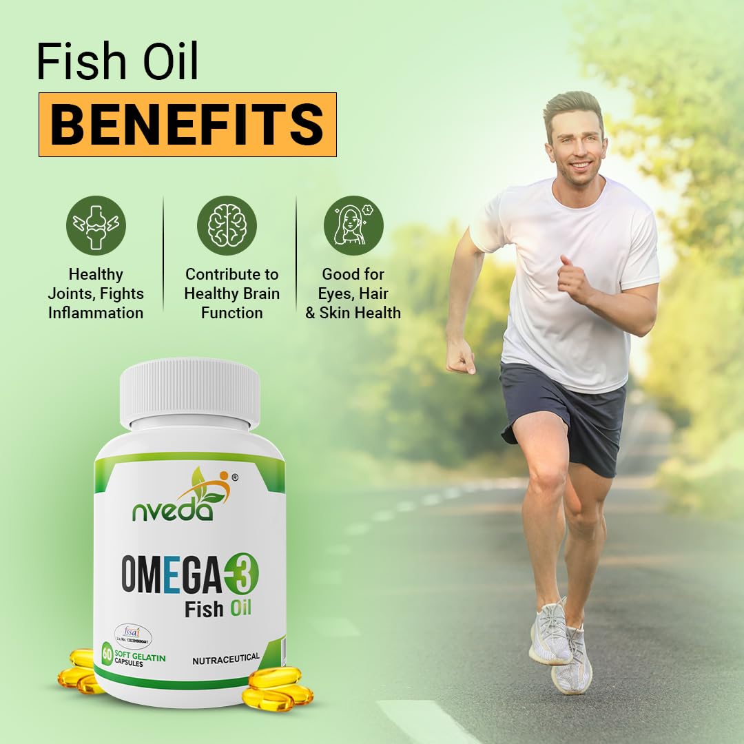 Nveda Omega-3-Fish-Oil 1000mg For Men & Women, Omega 3 fatty-acid 60 Capsules with 180mg EPA-DHA 120mg for Healthy Heart, Eyes, Brain & Joints