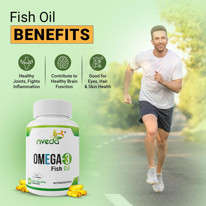 Nveda Omega-3-Fish-Oil 1000mg For Men & Women, Omega 3 fatty-acid 60 Capsules with 180mg EPA-DHA 120mg for Healthy Heart, Eyes, Brain & Joints