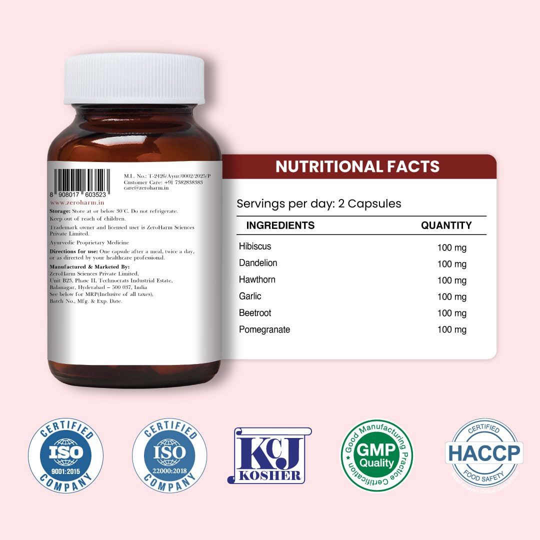 Zeroharm Hypertens | Plant-Based Formula | Supports Healthy Blood Pressure & Cardiovascular Wellness | Reduces Inflammation & Vascular Damage | Promotes Electrolyte Balance | 60 Capsules (1 Pack)