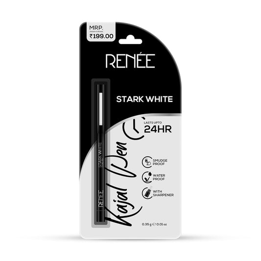 RENEE Kajal Pen with Sharpener - Stark White | 24 Hrs Stay | Long Lasting Kohl Pencil | Matte Finish | Rich Color Payoff | Smudge & Waterproof | One Swipe Application Formula | 0.35gm