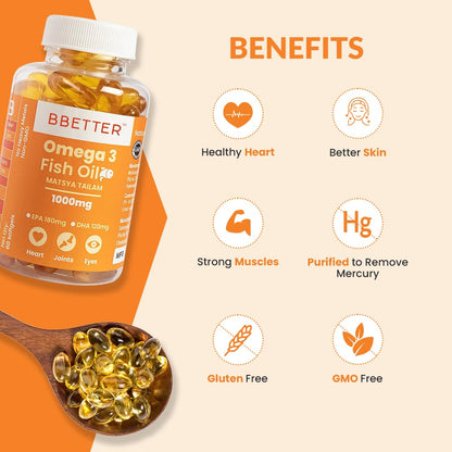 BBETTER Omega 3 Fish Oil Capsules 1000mg | Lab Tested Fish Oil Capsules | Lab Report Attached |High Absorption for Heart, Joints, Eyes & Brain | No Fishy Burps |180 EPA :120 DHA | 60 Softgels