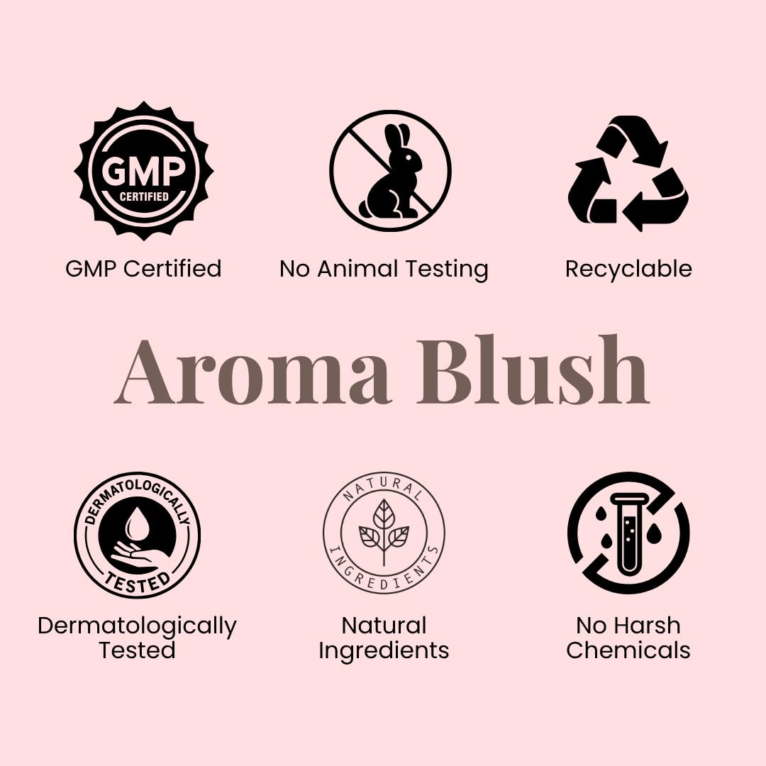 Collection of certification logos for Aroma Blush on a pink background
