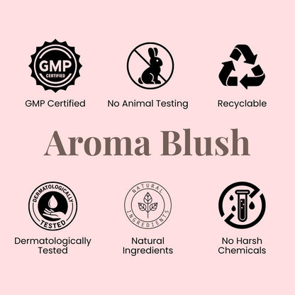 Collection of certification logos for Aroma Blush on a pink background