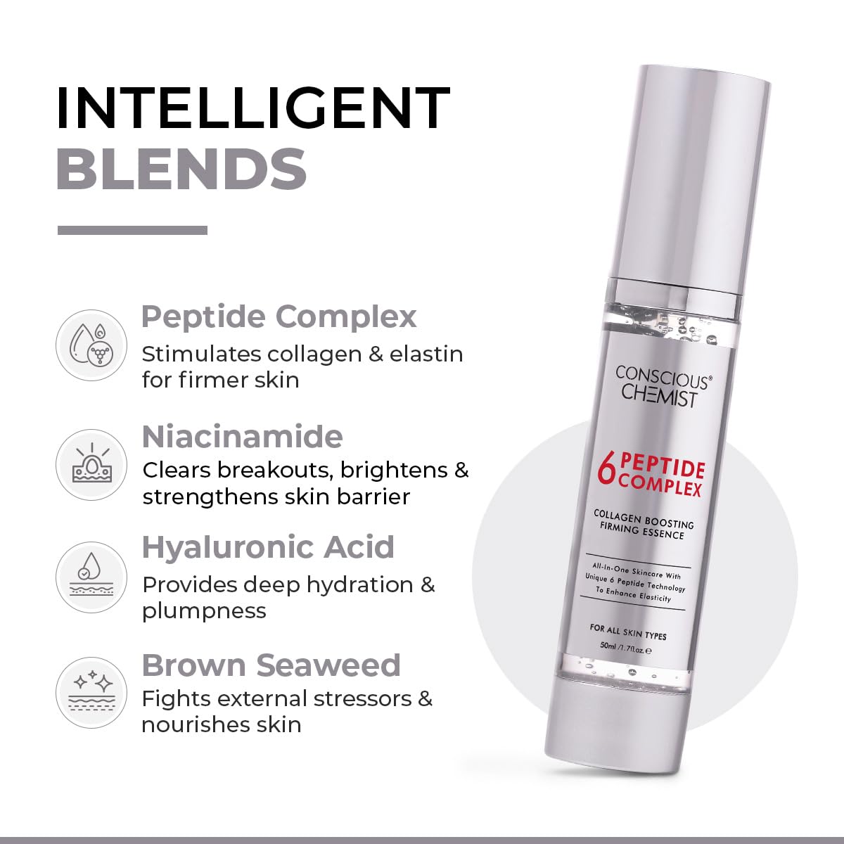 Skincare serum bottle with ingredients listed on a white background