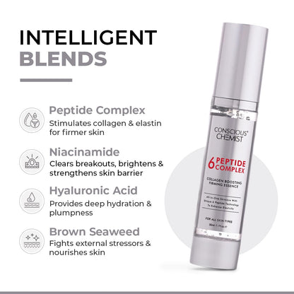 Skincare serum bottle with ingredients listed on a white background