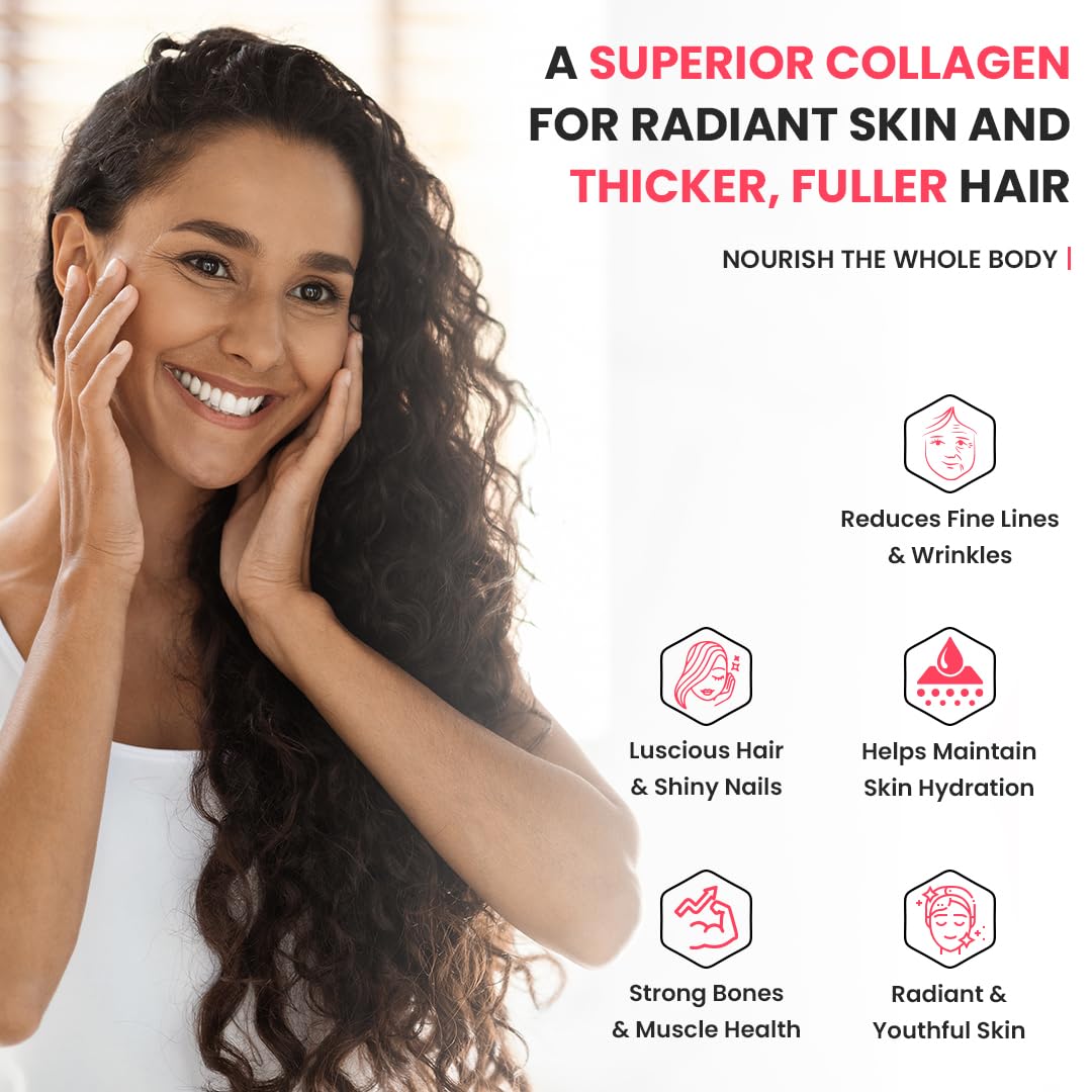 Woman with long, healthy hair and skin, promoting a superior collagen product.