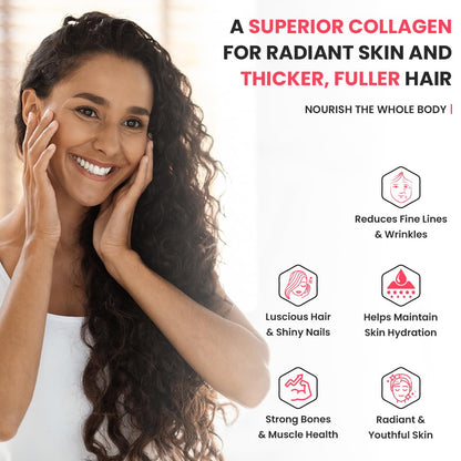 Woman with long, healthy hair and skin, promoting a superior collagen product.