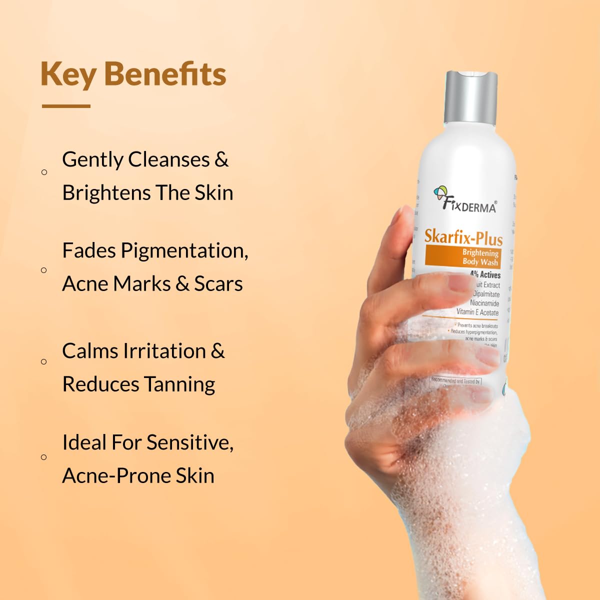 Fixderma Skarfix Plus Brightening Body Wash with 4% Actives (Kojic Acid, Niacinamide Acid, & Vitamin E) | Skin Brightening Body Wash Shower Gel Women & Men | For Hyperpigmentation & Acne Marks - 200ml