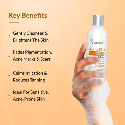Fixderma Skarfix Plus Brightening Body Wash with 4% Actives (Kojic Acid, Niacinamide Acid, & Vitamin E) | Skin Brightening Body Wash Shower Gel Women & Men | For Hyperpigmentation & Acne Marks - 200ml