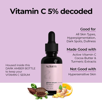 Saturn by GHC Glow Skin 5% Vitamin C Face Serum with Niacinamide | Illuminating Serum for Glowing, Whitening Skin | Pure Ethyl Ascorbic Acid for Hyperpigmentation, Dull Skin | Fragrance Free - 30ml