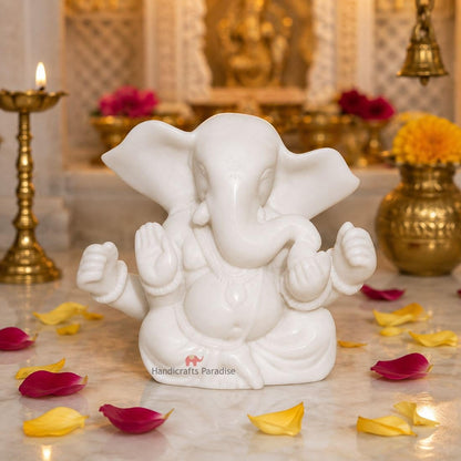 Paradise Handcrafted White Marble Lord Ganesha Idol, Natural Marble Ganesh Murti for Home Temple, Pooja Mandir, Office Desk, Home Décor & Auspicious Gift 2.75 Inch Height