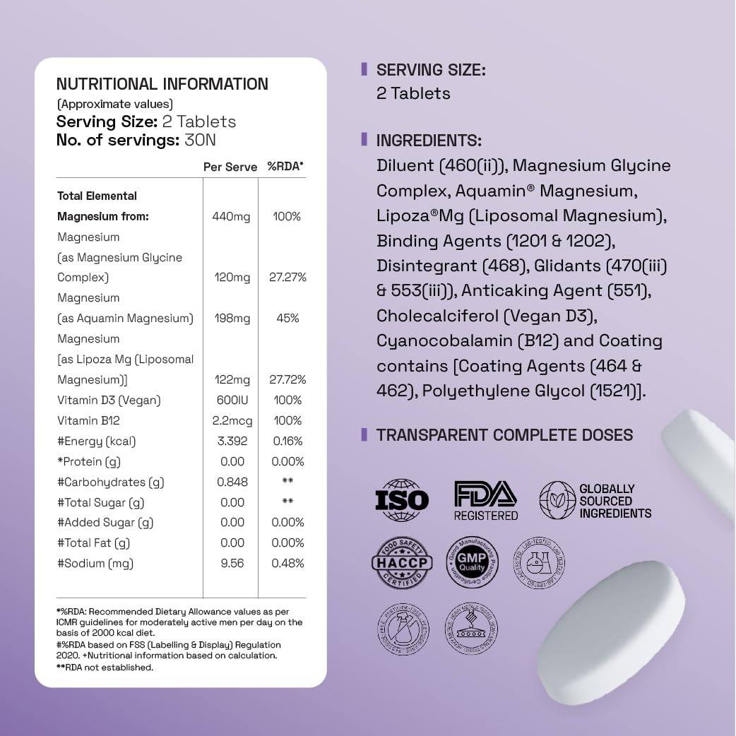Ace Blend Max Magnesium Glycinate (60 tablets) | 1600mg Triple Complex | 440mg Elemental Magnesium | Calcium, Vegan Vitamin B12 & D3 | Promotes Deep Sleep, Muscle Recovery & Heart Health