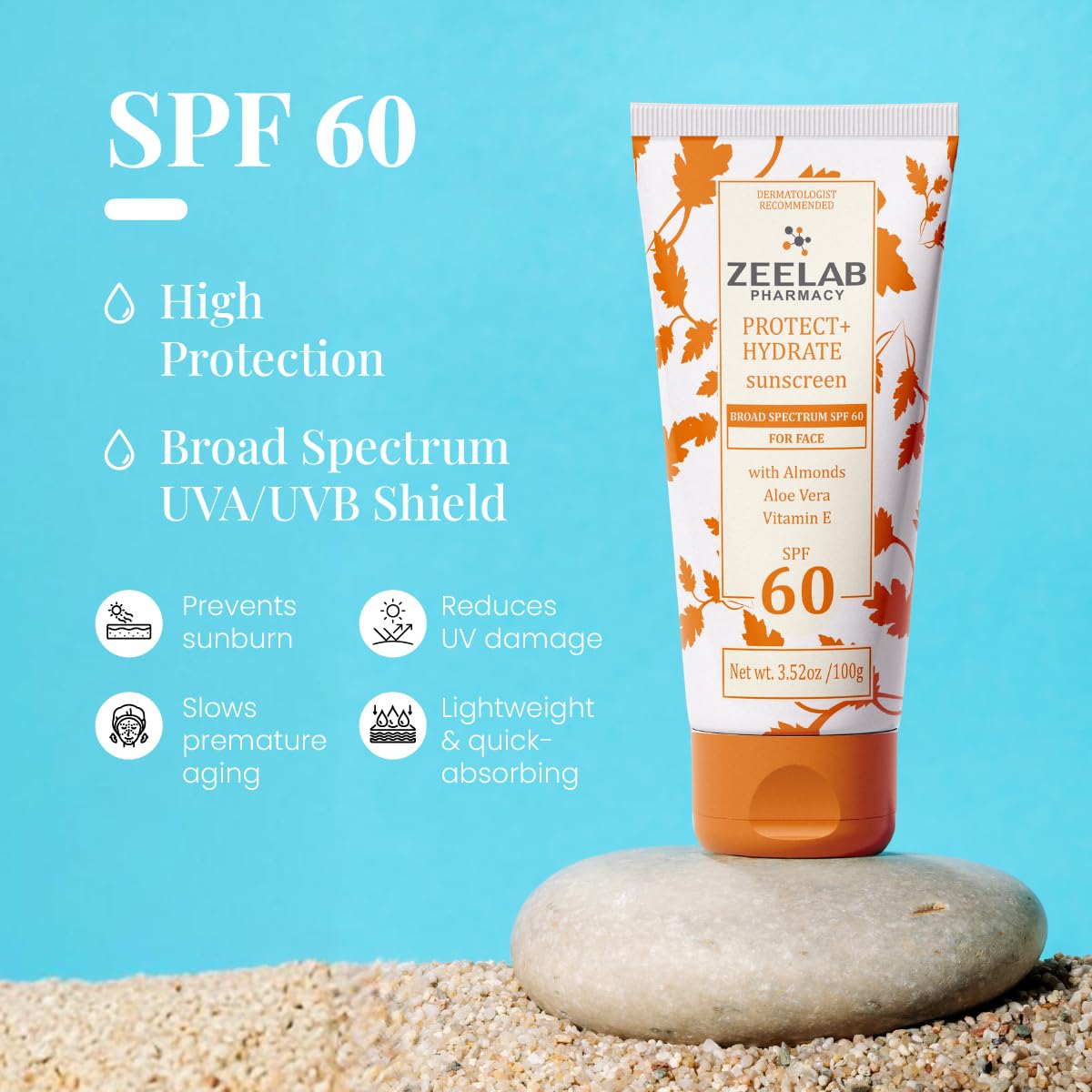 Zeelab sunscreen tube with SPF 60 on a beach setting