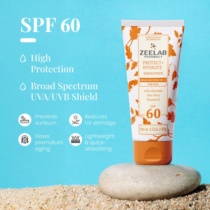 Zeelab sunscreen tube with SPF 60 on a beach setting