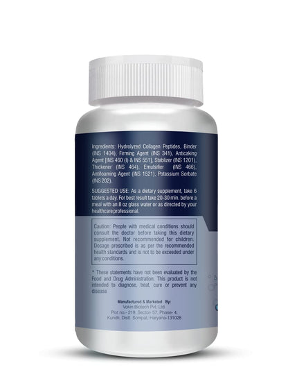 Supplement bottle with a white cap and blue label on a white background