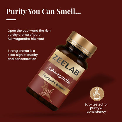 Zeelab Ashwagandha bottle with text on a red background