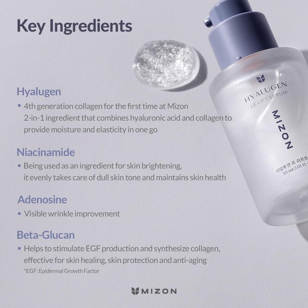 MIZON Hyalugen Le Lift Serum with Hyaluronic Acid and Marine Collagen for Fine Lines Total Face Care Youthful Skin Refreshing Lifting Korean Skincare - 30 ml