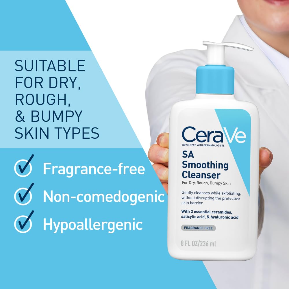 CeraVe SA Smoothing Cleanser For Dry, Rough, Bumpy and Acne-Prone Skin, contains Salicylic Acid with no harsh microbeads, Dermatologist Recommended Face wash (236ml)