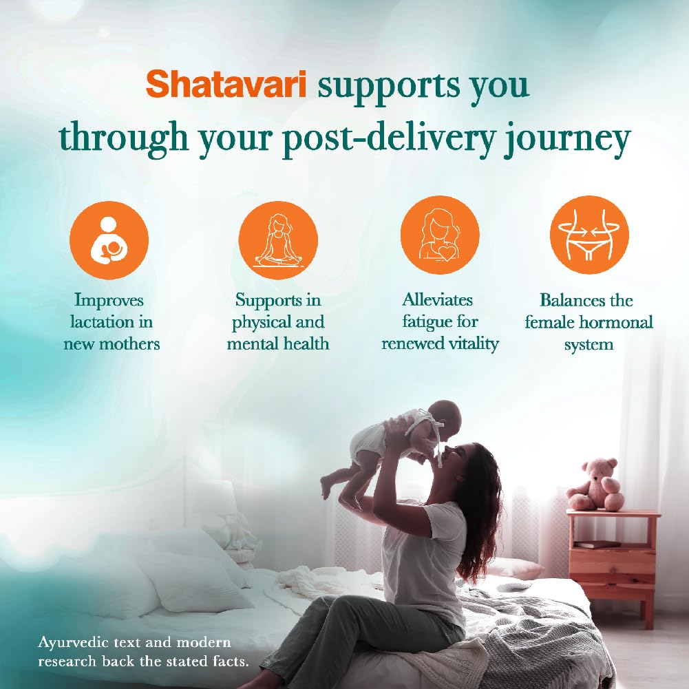Advertisement for Shatavari post-delivery support with a woman holding a child on a bed.
