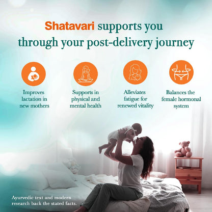 Advertisement for Shatavari post-delivery support with a woman holding a child on a bed.