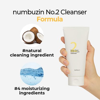 numbuzin No.2 Deep Clean Fresh Cream Cleanser, 4.05oz/ 120ml | Whipped cream foam, Deep Pore Cleansing, Natural cleaning ingredient, Moisturizing