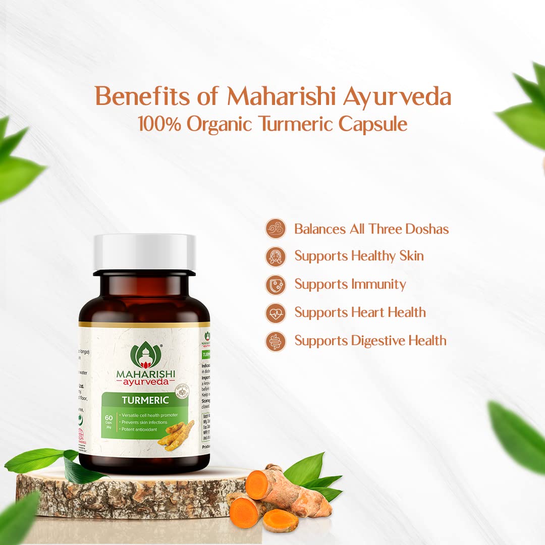 Zephivo Maharishi Ayurveda 100% OrganicTurmeric Capsules 500 MG |Boosts Immunity | Joint Support | Anti-Inflammatory | Supports Skin Health | 60 Capsules
