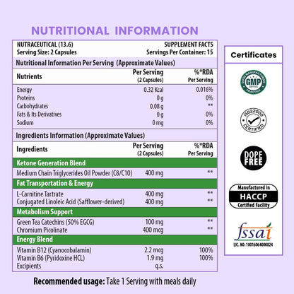 Nutritional information and supplement facts label for a dietary supplement on a purple background.
