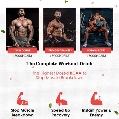 Advertisement for a workout drink with images of a muscular man and text about its benefits.