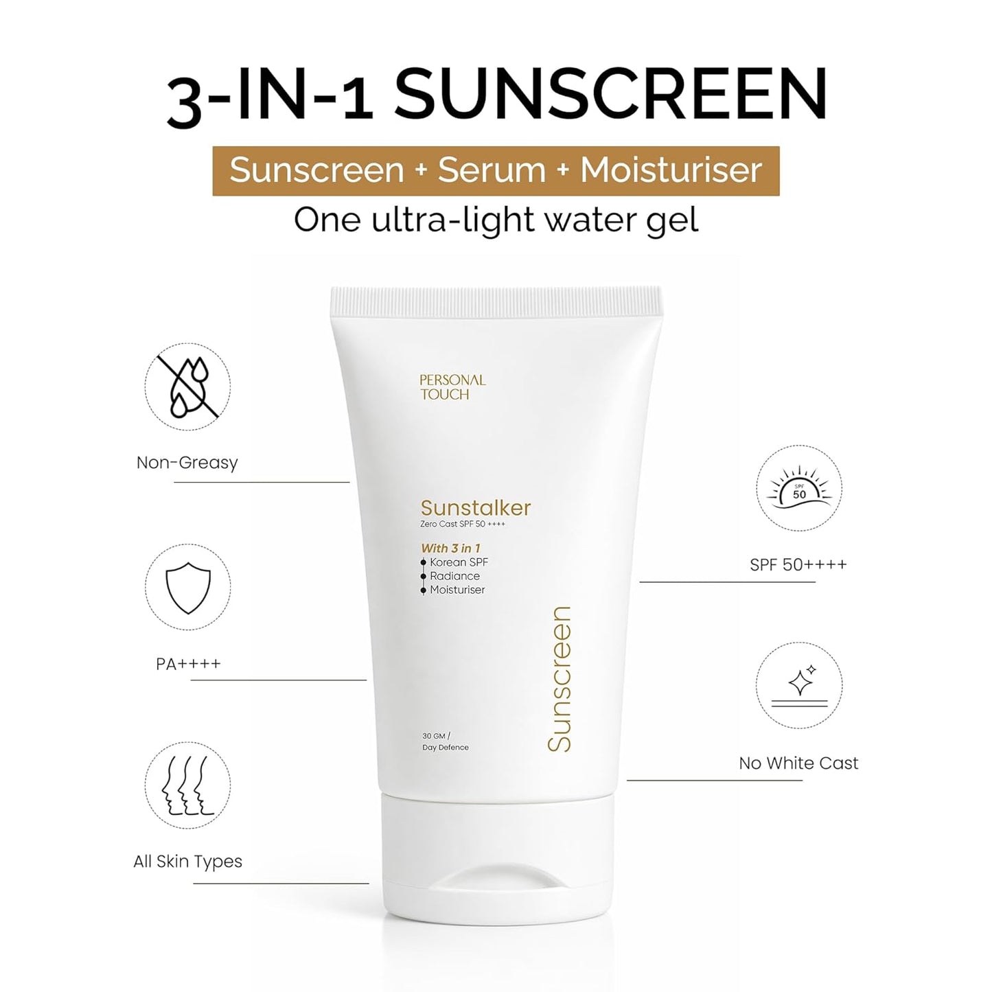 Personal Touch Sunscreen SPF50 PA++++ for Face | Sunstalker Korea 3 in 1 Formula | with Niacinamide | Tanning & Aging Defense | Lightweight No White Cast | Oil-Free, Acne Safe | 30 ml