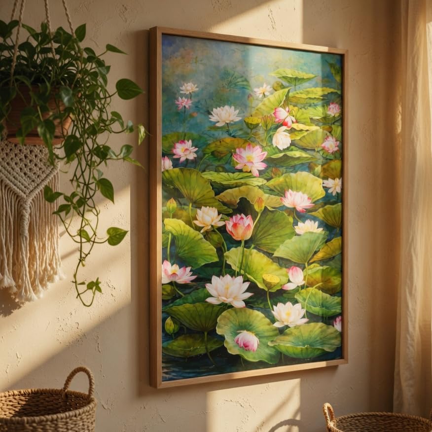 Lotus Pond Wall Painting with Wooden Frame | Elegant Lotus Flower Nature Artwork HD UV Laminated MDF Wall Decor | Floral Water Garden Wall Art for Living Room Bedroom 13.5 Inch x 19.5 Inch