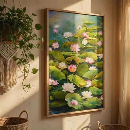 Lotus Pond Wall Painting with Wooden Frame | Elegant Lotus Flower Nature Artwork HD UV Laminated MDF Wall Decor | Floral Water Garden Wall Art for Living Room Bedroom 13.5 Inch x 19.5 Inch