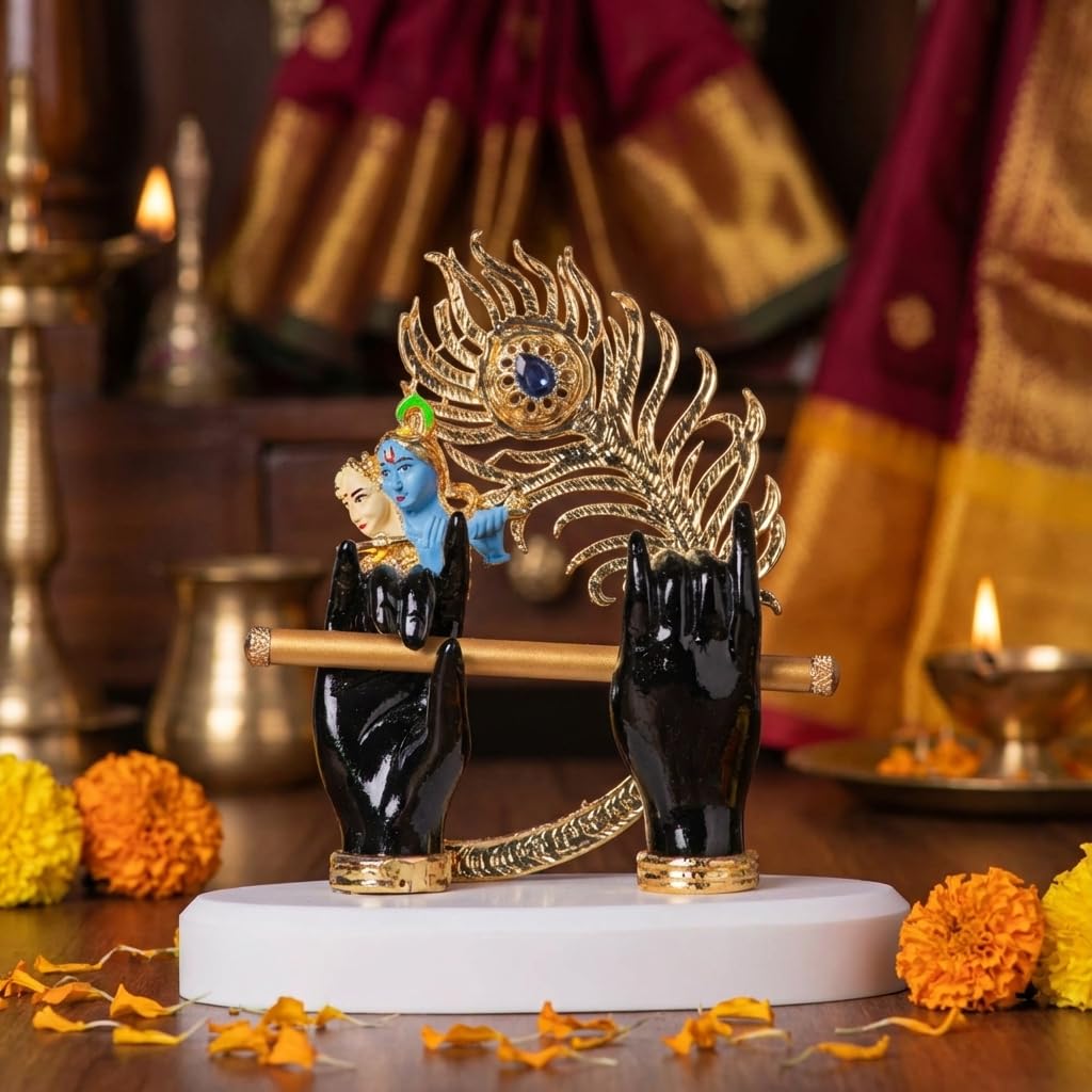 Gold Plated Lord Krishna Hands Idol with Face, Flute & Peacock Feather for Car Dashboard | Statue for House Warming Gifting | Decorative Items for Home & Office (Black - 4.5 inch)