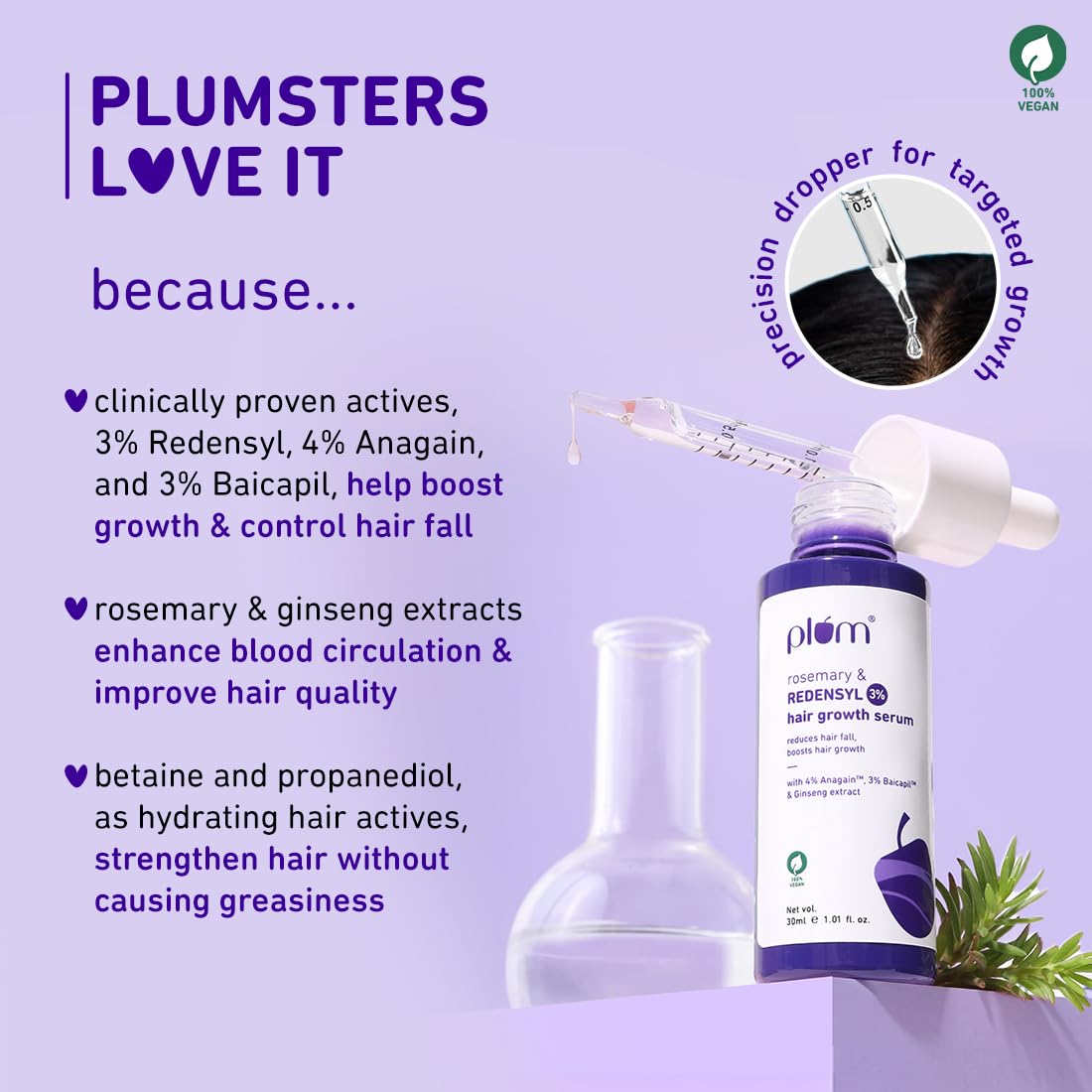 Plum Hair Growth Serum | 3% Redensyl + 4% Anagain + 3% Baicapil | Rosemary & Ginseng Extract | Anti-Hair Fall & Hair Density Booster | For Men & Women, Non-Greasy Formula | 30ml