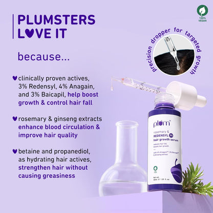 Plum Hair Growth Serum | 3% Redensyl + 4% Anagain + 3% Baicapil | Rosemary & Ginseng Extract | Anti-Hair Fall & Hair Density Booster | For Men & Women, Non-Greasy Formula | 30ml