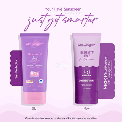 Aqualogica Illuminate+ Dewy Gel Sunscreen SPF 50+ PA++++, 80g | 2% Arbutin-Hyaluron Complex & Wild Berries | Broad Spectrum UVA/UVB & Blue Light Protection | Fragrance-Free | No White Cast | Lightweight | For Men & Women