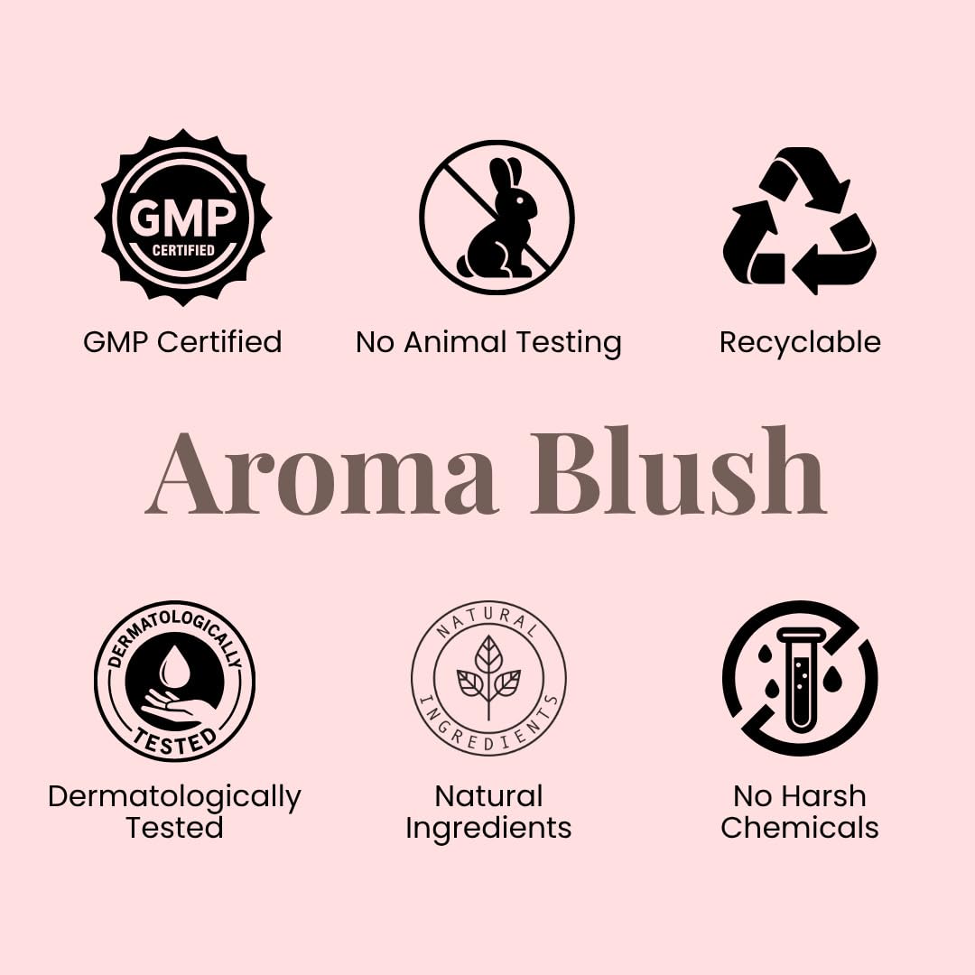 Collection of certification logos for Aroma Blush on a pink background