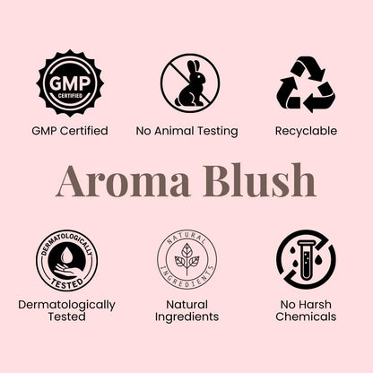 Collection of certification logos for Aroma Blush on a pink background