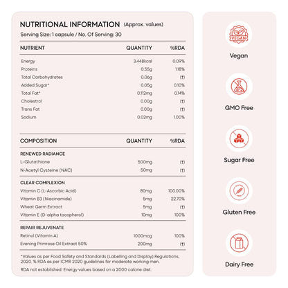 Nutritional information and product features on a label with icons for vegan, gluten-free, and sugar-free.