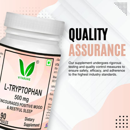 Vitaruhe® L-Tryptophan 500 mg per Capsule, 90 Vegan Capsules for 3 Months, Pure Essential Amino Acid, Natural & Fermented, High Strength Supplement Without Additives