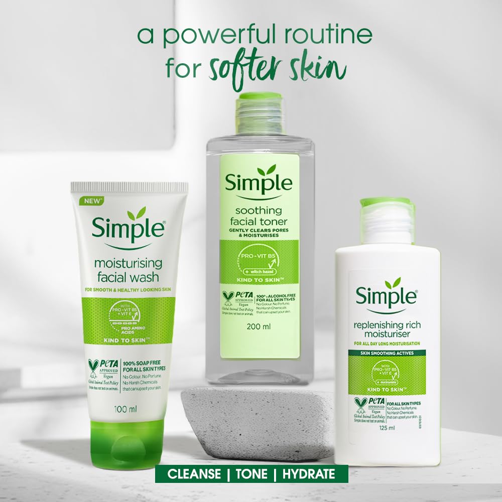 Simple skincare products including facial wash, toner, and moisturizer on a white background.