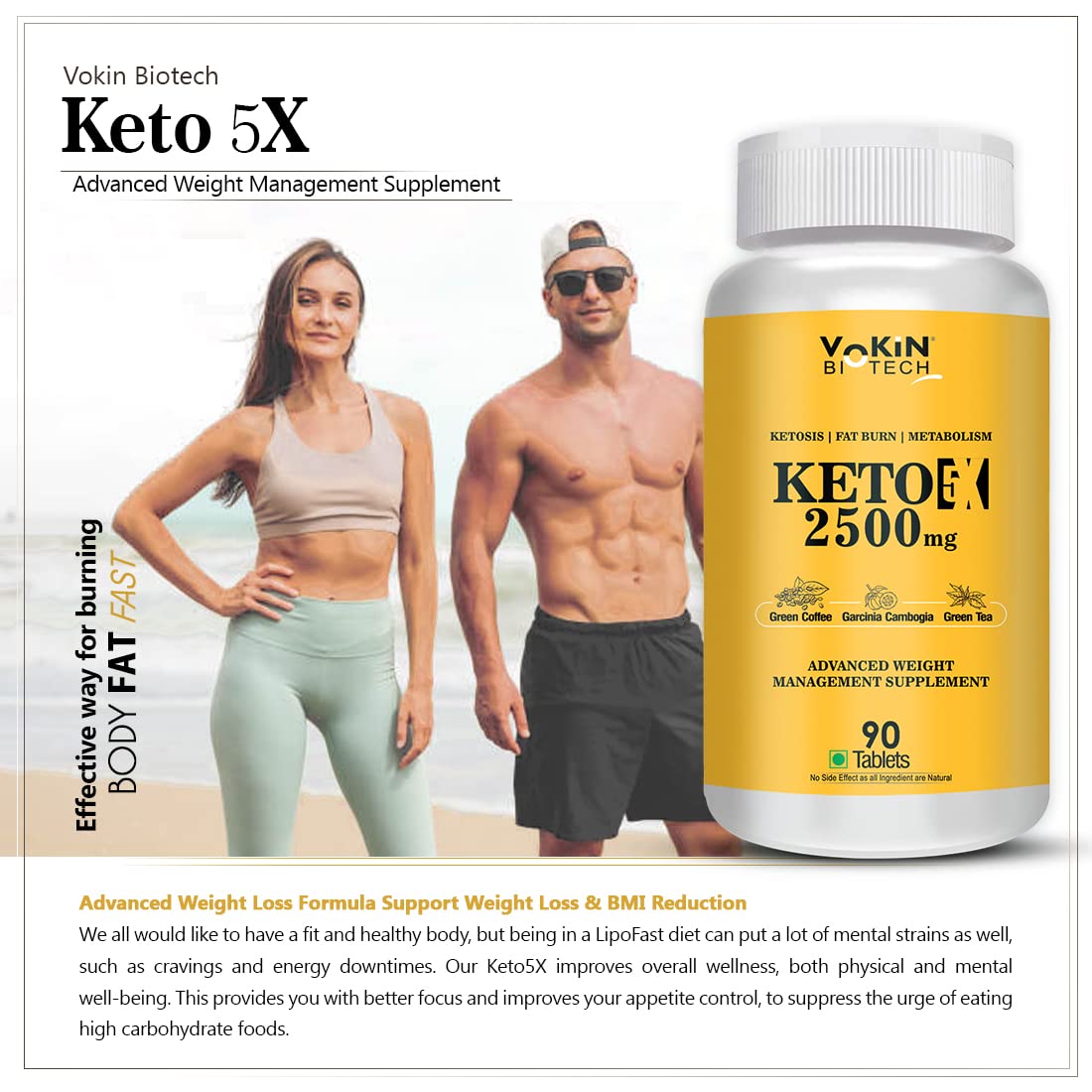 Vokin Biotech Keto 5X supplement bottle with a man and woman on a beach background
