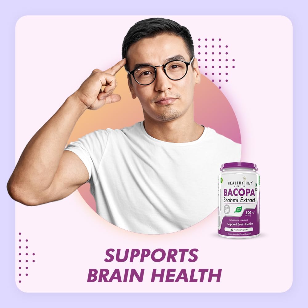 Man with glasses pointing to his head, next to a bottle of Bacopa Brahmi Extract on a light purple background.