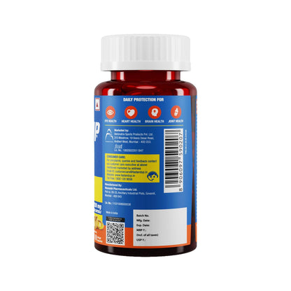 Supplement bottle with a blue label on a white background